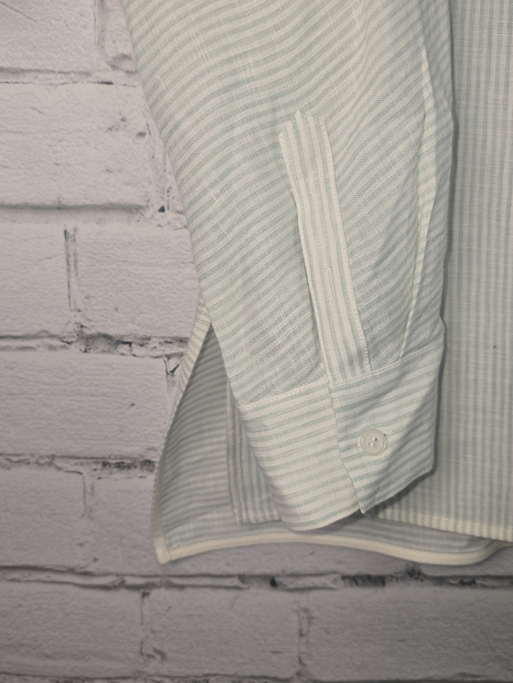LAFAYETTE 148 NEW YORK ALYSSA LINEN PINSTRIPE BLOUSE SOFT GREEN & WHITE WOMES LG - Picture 4 of 9